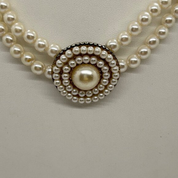 Vintage Faux Pearl Choker Double Strand Necklace With Ornate Pendant Prom Formal - Picture 5 of 15